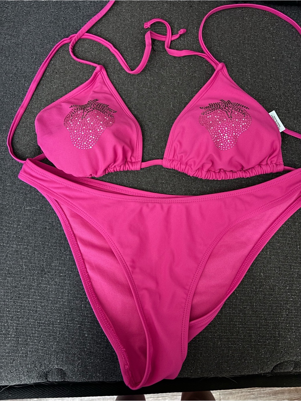 No Boundaries Hot Pink Rhinestone Strawberry Triangle Bikini